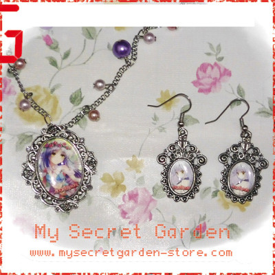 Angel Beats ! エンジェルビーツ Kanade Tachibana anime Cabochon Necklace & Earrings Set